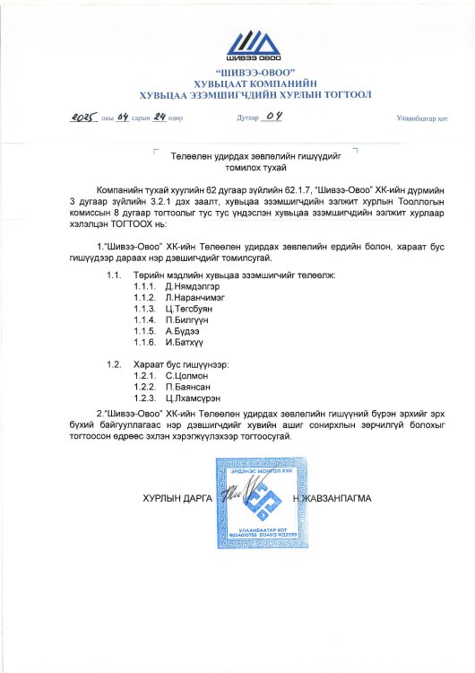 2025 оны ТӨЛӨӨЛӨН УДИРДАХ ЗӨВЛӨЛИЙН ГИШҮҮДИЙГ ТОМИЛОХ ТУХАЙ