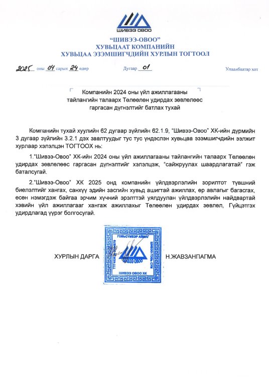 Хувьцаа эзэмшигчдийн хурлын тогтоол Дугаар 01