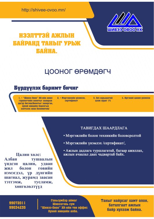 ЦООНОГ ӨРӨМДӨГЧ СОНГОН ШАЛГАРУУЛЖ АЖИЛД АВНА.
